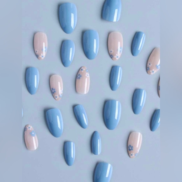 24pcs Long Almond Blue Solid Floral Print Press On Nail Set❤️ - Picture 3 of 5